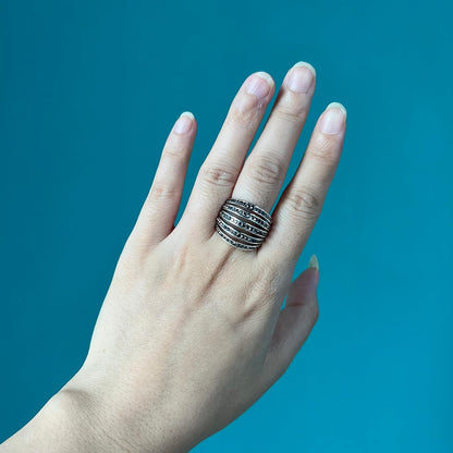 Vintage Wide Ring Classic Black Marcasite Crystal Rows Statement Silver Chunky Rings