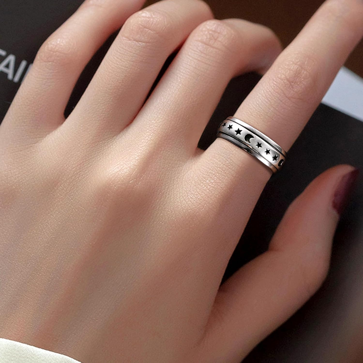925 Sterling Silver Anxiety Ring for Women Men Platinum Plated Sterling Silver Band Fidget Ring Cross Flower Moon Star Spinner Ring Stress Anxiety Relief Item