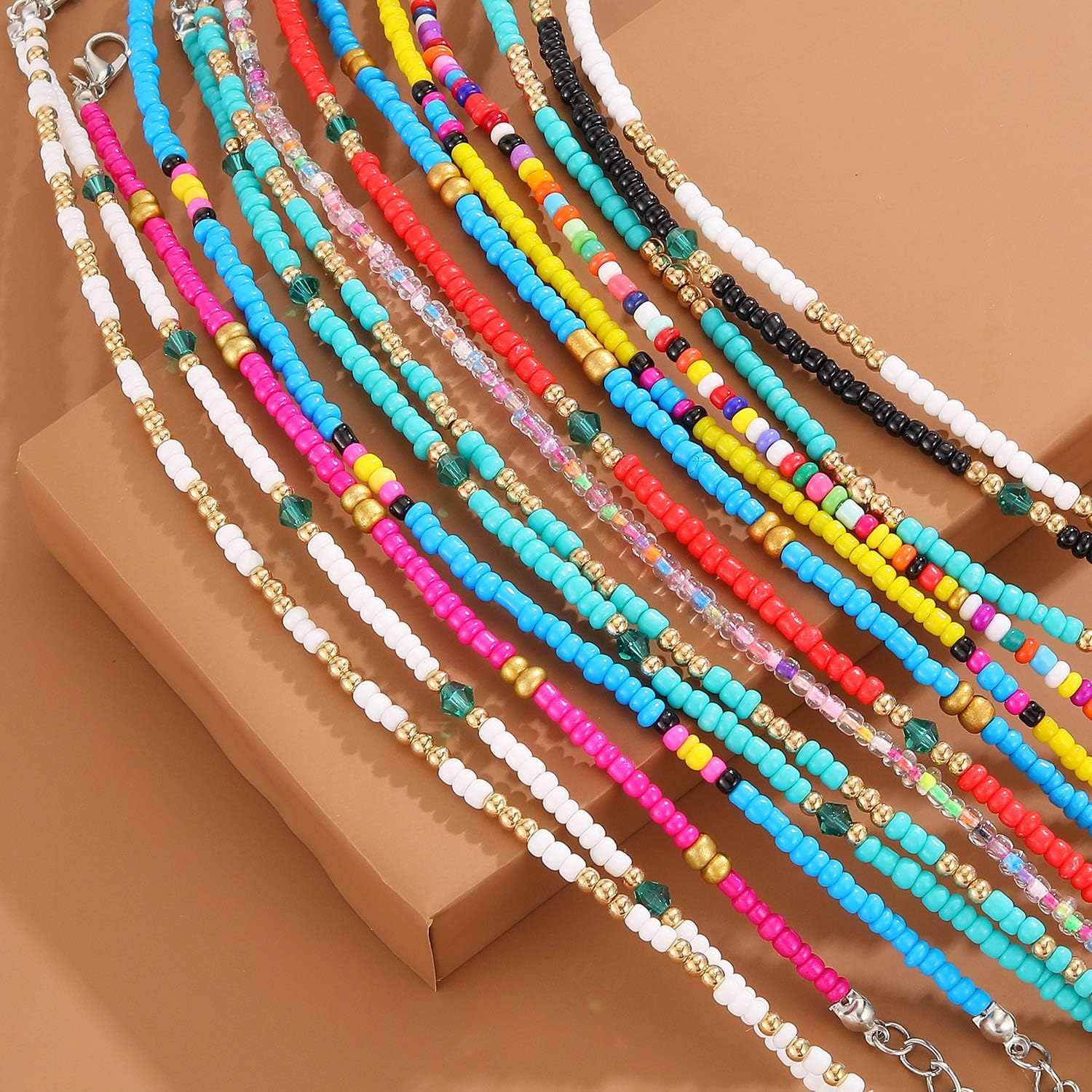 8Pcs Handmade Beaded Anklets for Women Boho Colorful Beads Ankle Bracelets Adjustable Foot Anklet Set