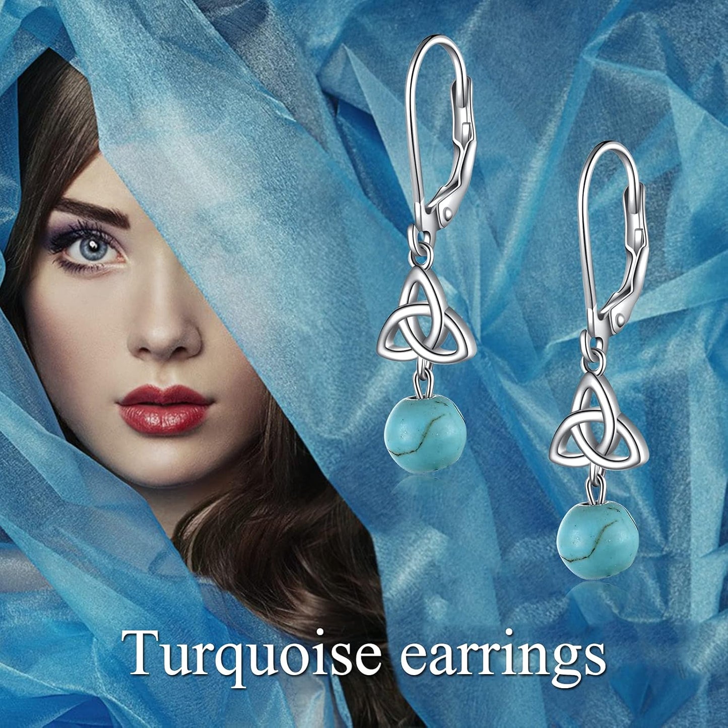 Celtic Turquoise Earrings Sterling Silver Triquetra Celtic Knot Turquoise Dangle Drop Leverback Earring for Women Jewelry