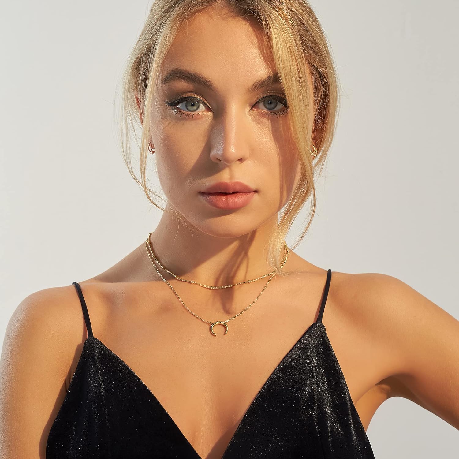 Dainty Gold Layered Bar Neckalce Moon Pendant Lariat Y Necklace 14K Gold Simple Necklace for Women