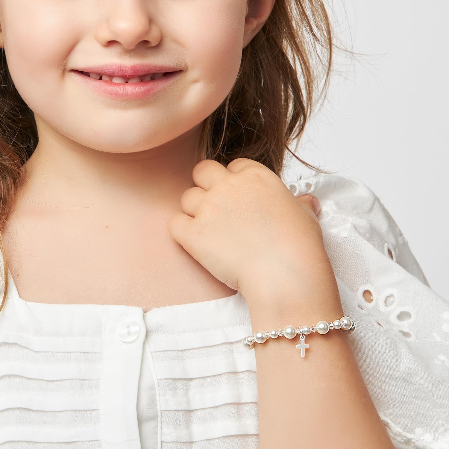 Pearl Bracelets for Girls, Sterling Silver Cross Charm, Baptism Gifts for Girl, Baby Bracelet with Simulated White Pearls and Crystals, Girls Jewelry Birthday Gift
