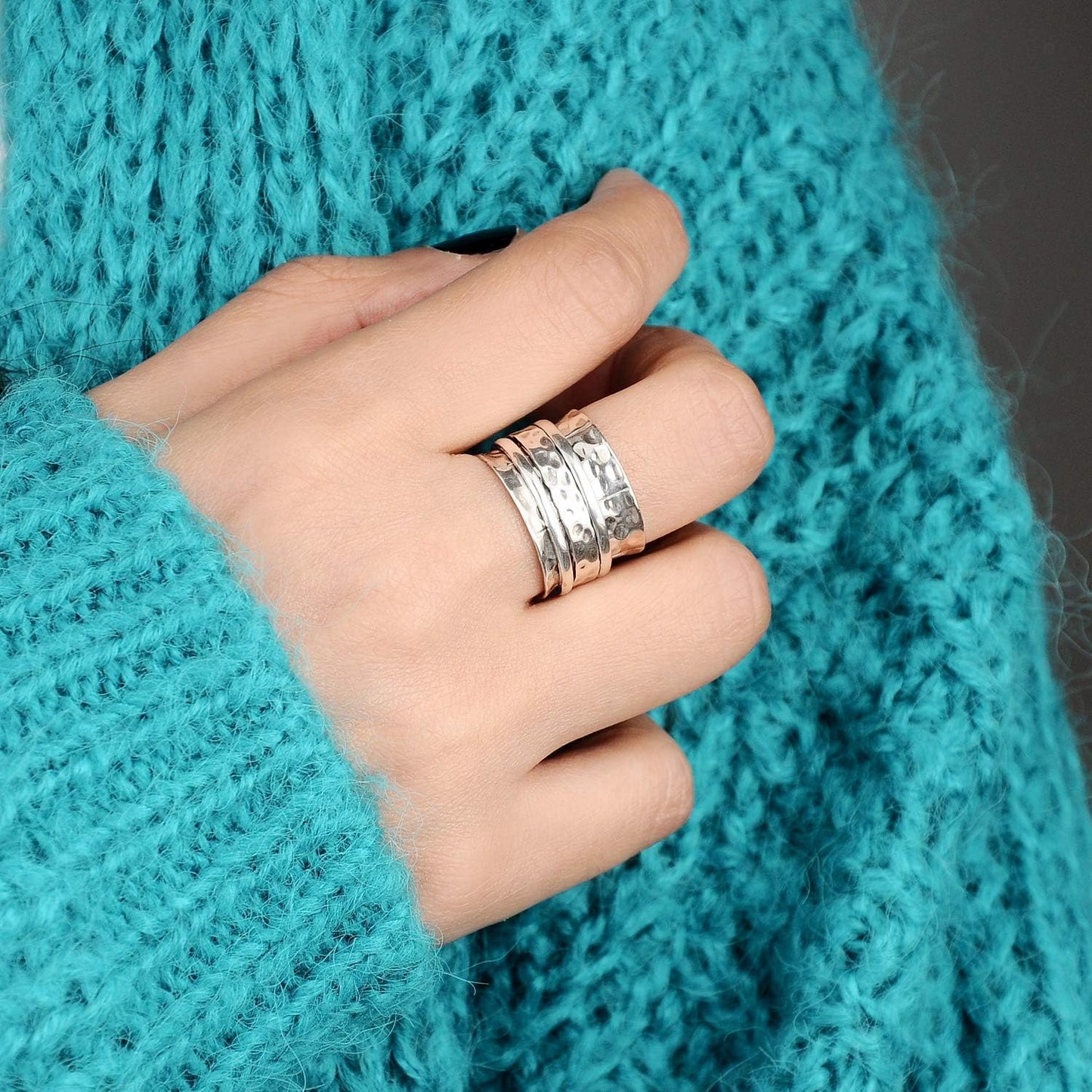 925 Sterling Silver Spinner Ring for Women Hammered Wide Fidget Ring Band