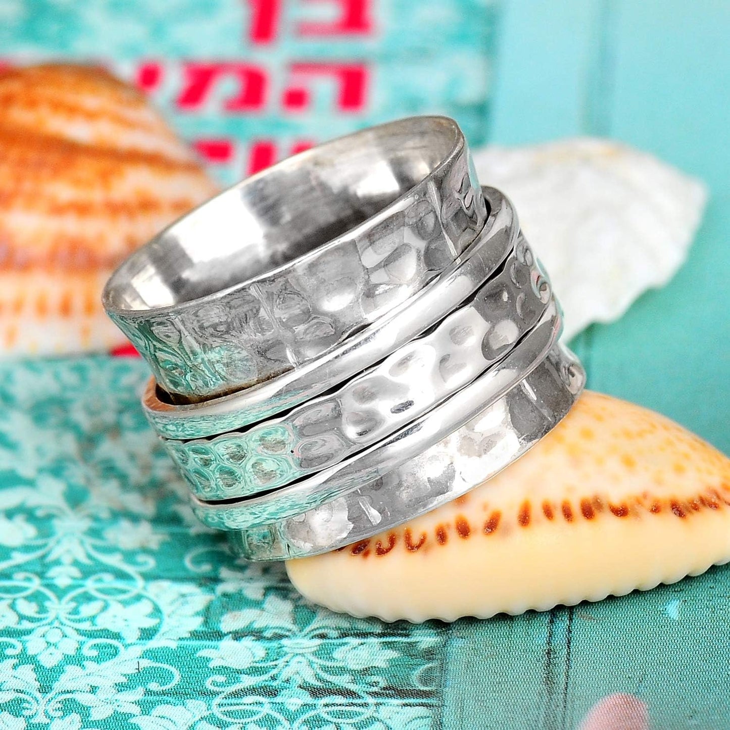925 Sterling Silver Spinner Ring for Women Hammered Wide Fidget Ring Band