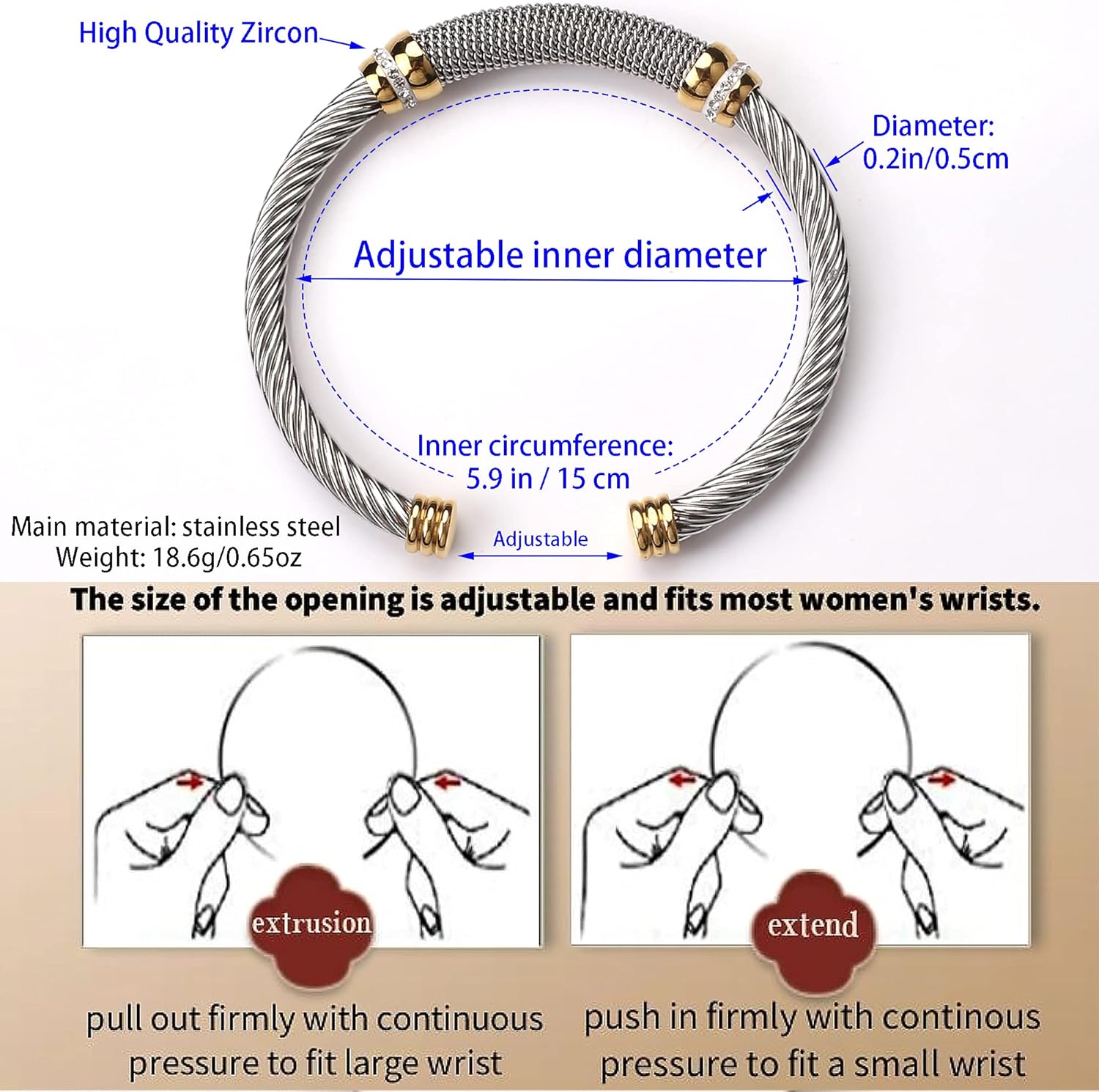 Cable Bracelet for Women Cuff Twisted Wire Vintage Ladies Bangle Bracelets Elastic Adjustable Stainless Steel Jewelry with Gift Box