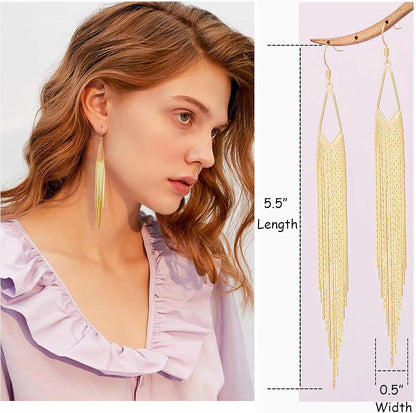 18K Gold Long Chain Tassel Earrings Trendy Sleek Chain Dangle Drop Earrings for Party Linear Fringe Earring