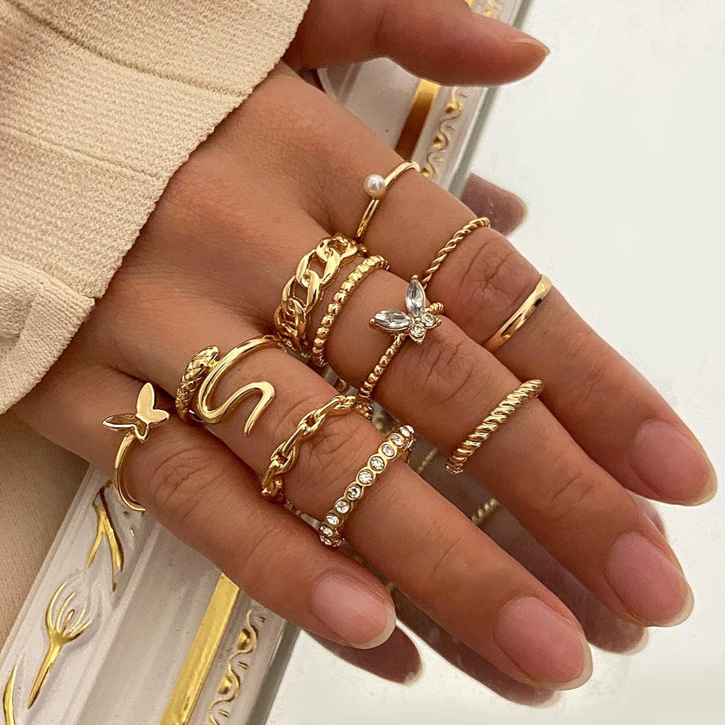 Gold Knuckle Rings Set for Women, Boho Butterfly Snake Stackable Joint Finger Rings, Trendy Crystal Size Mixed Midi Pack