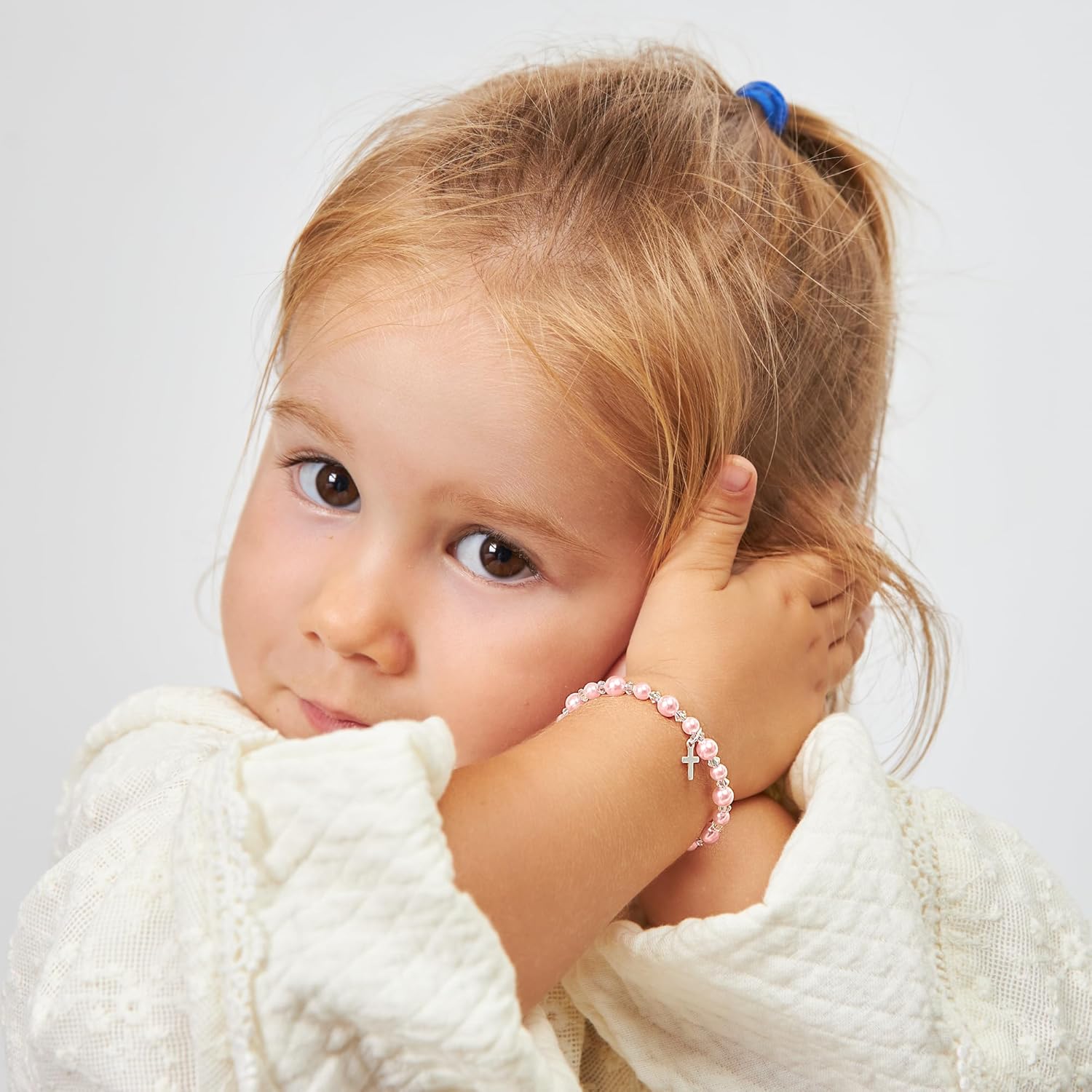 Pearl Bracelets for Girls, Sterling Silver Cross Charm, Baptism Gifts for Girl, Girls Bracelet, Rosaline Pink Pearls and Crystals, Girls Jewelry Birthday Gift
