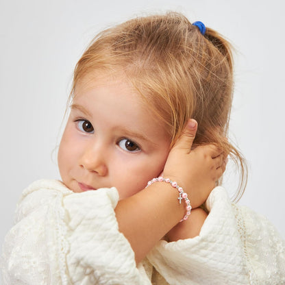 Pearl Bracelets for Girls, Sterling Silver Cross Charm, Baptism Gifts for Girl, Girls Bracelet, Rosaline Pink Pearls and Crystals, Girls Jewelry Birthday Gift