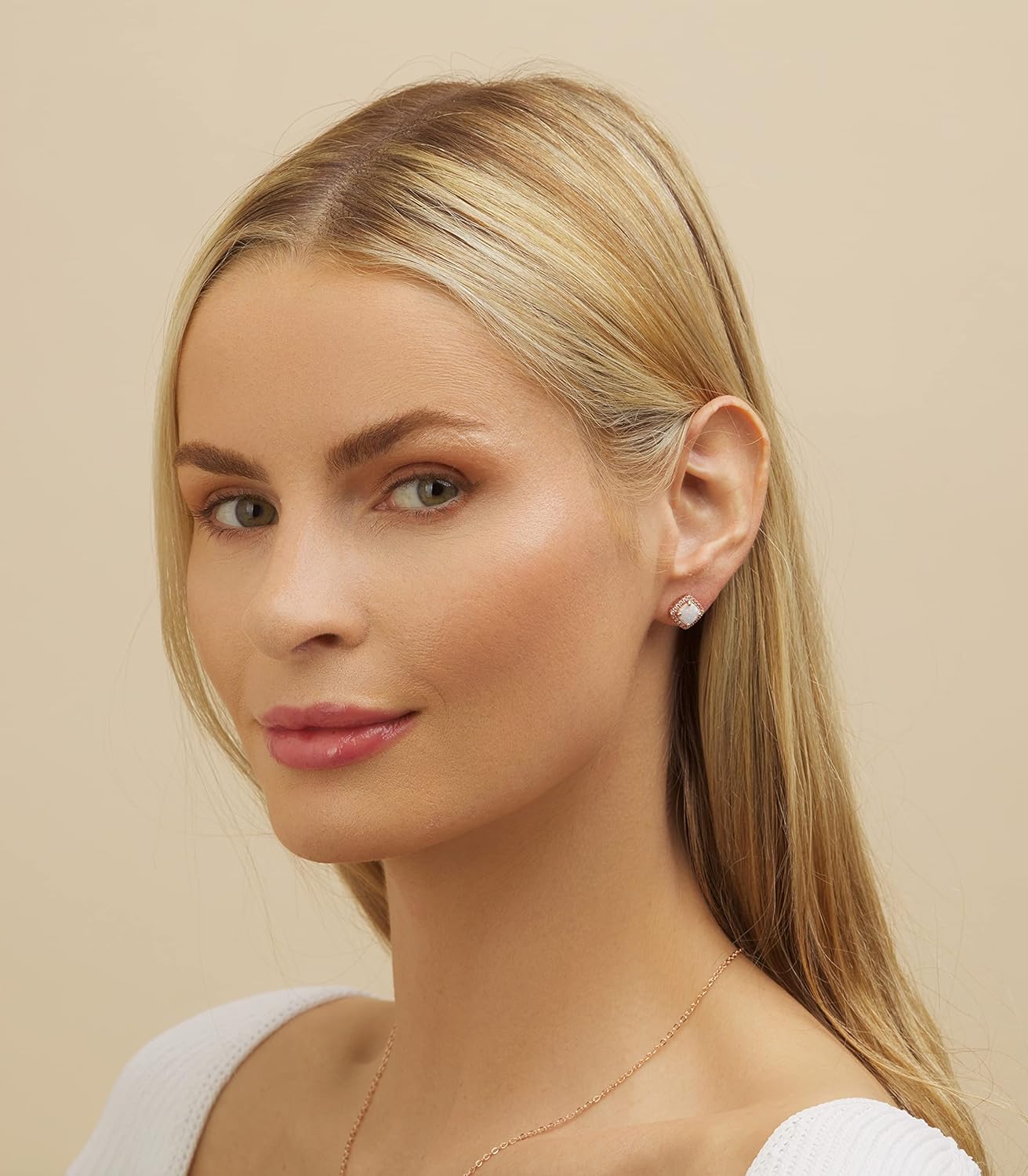 White Gold Plated Created White Opal Stud Earrings for Women - Made in Brazil