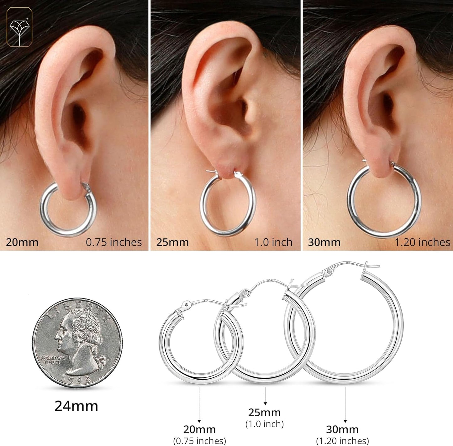 14K Gold Hoop Earrings for Women | Hypoallergenic 20MM, 25MM and 30MM Tube Hoop Earrings with Secure Click Tops |14K Yellow Gold or White Gold Classic Hoop Earrings in 3MM Thick Tube by