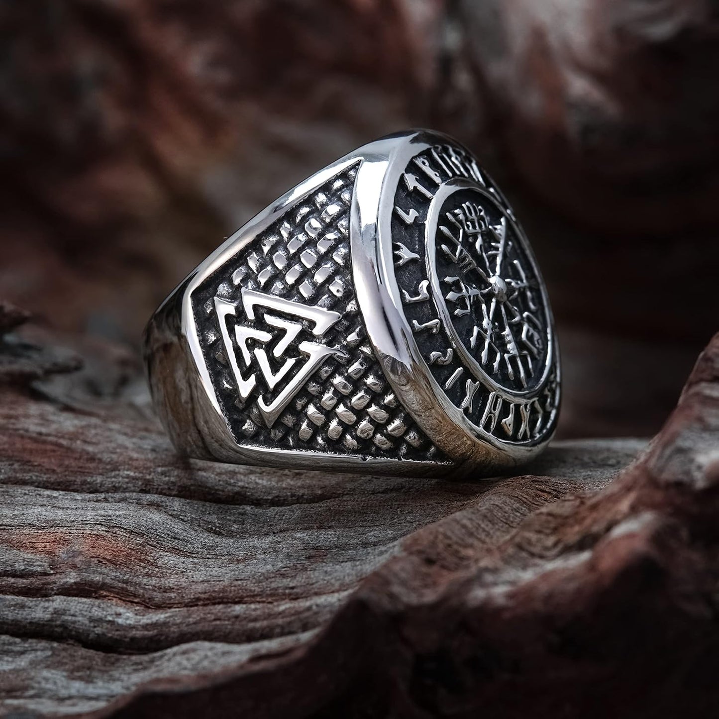 Vegvisir the Viking Runic Compass Ring with Rune Circle and Double Valknut Symbol 316L Stainless Steel Norse Scandinavian Viking Jewelry