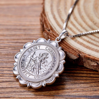 St Christopher Necklace Solid 925 Sterling Sliver Engraved Pendant round Religious Talisman Jewelry for Women