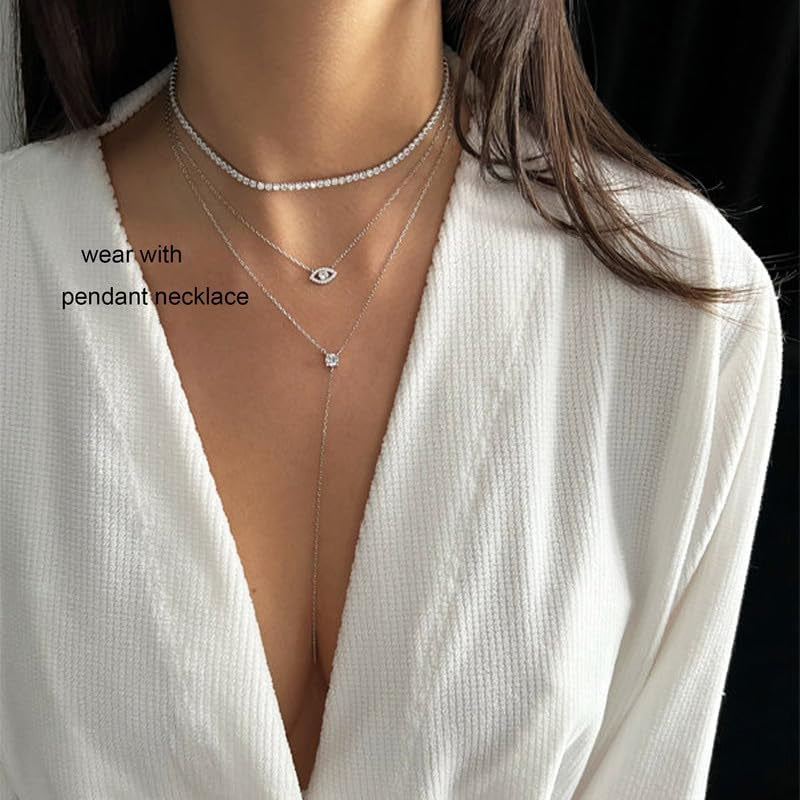 Tennis Necklace 14K Gold Plated/Silver Sparking Rhinestone Choker Necklaces Dainty Crystal Cubic Zirconia Bridal Wedding Jewelry for Women
