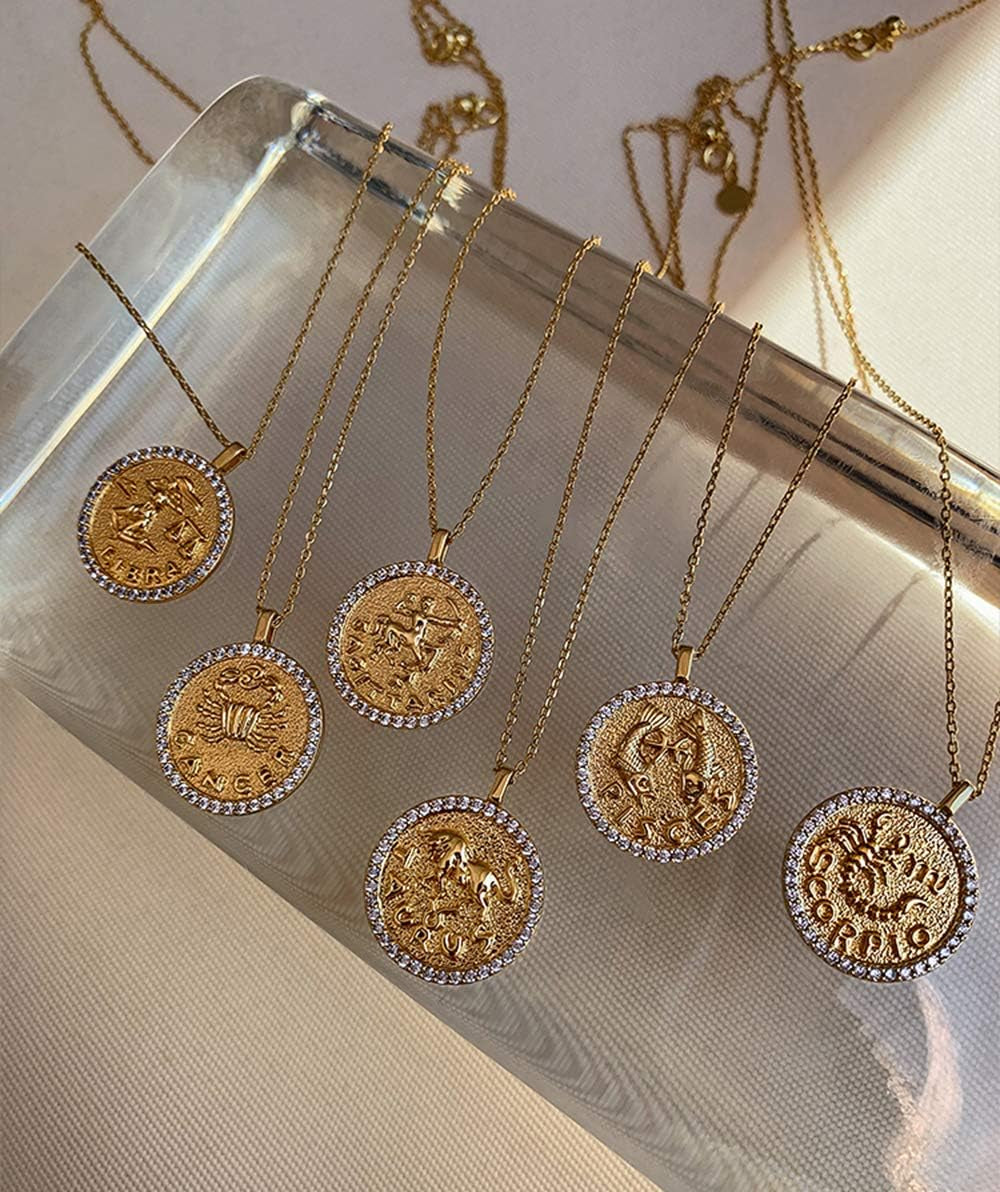Constellation Necklace Pendant 14K Gold-Plated Hammered round Disc Engraved Zodiac Sign Pendant 16.9’’ Adjustable Dainty Necklace Mothers Gifts for Her