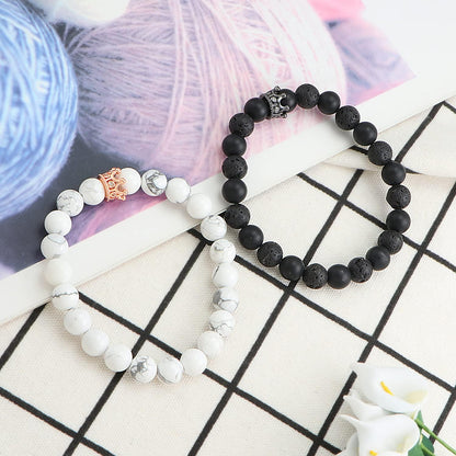 8Mm Natural Stone CZ Micro Pave Crown King Queen Beads His and Hers Couple Bracelet, 7.5" (Black&White-2)