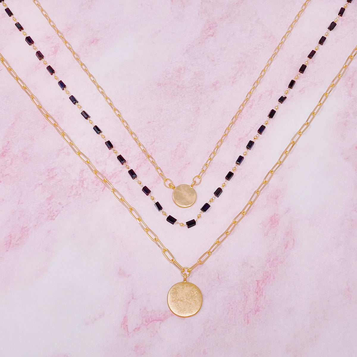 Disc & Beaded Chain Necklace Set of 3