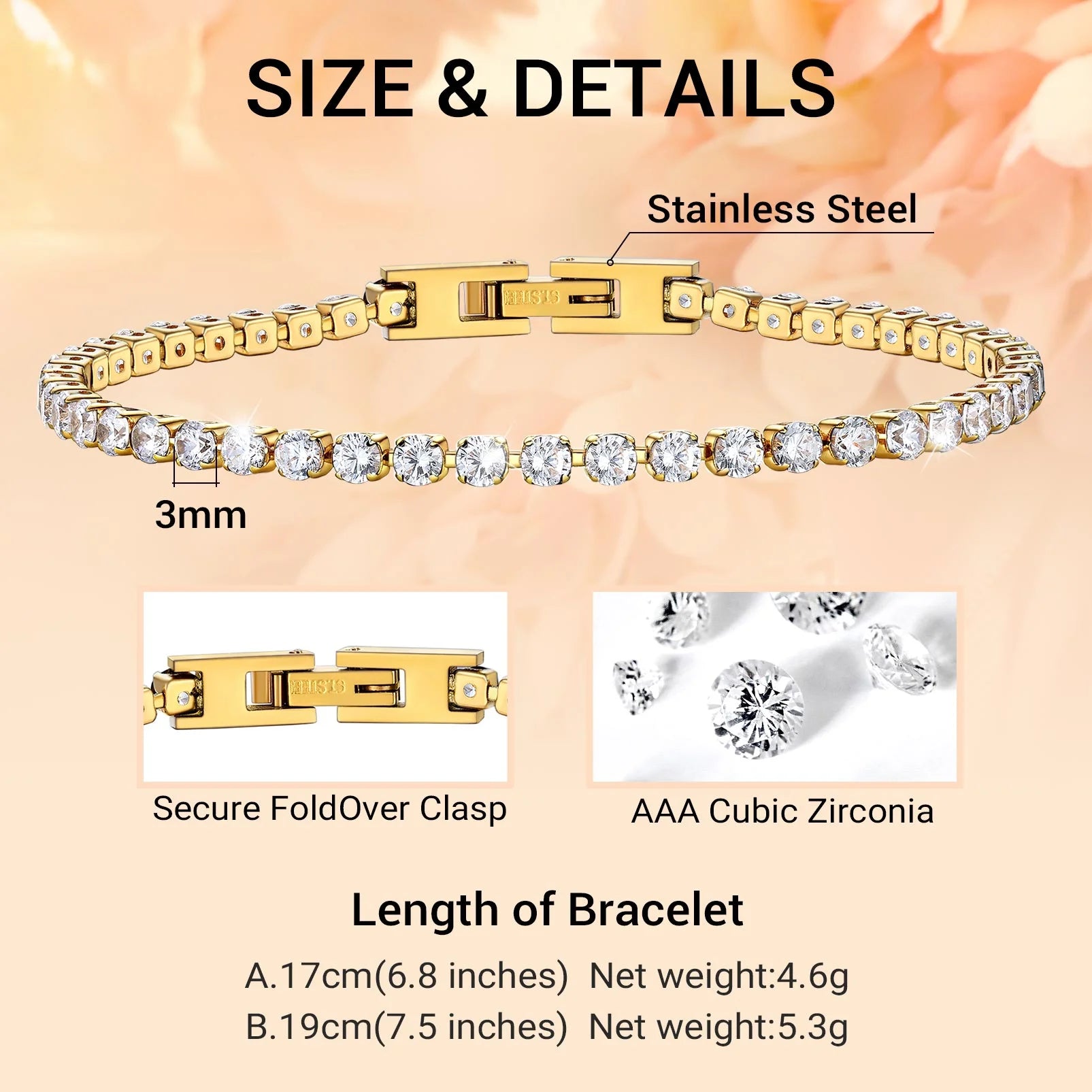 14K Gold Plated Tennis Bracelet for Women with Simulated Diamond Wedding Gift 3Mm round Cut Cubic Zirconia Bracelets 7.5 Inch