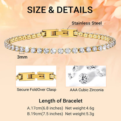 14K Gold Plated Tennis Bracelet for Women with Simulated Diamond Wedding Gift 3Mm round Cut Cubic Zirconia Bracelets 7.5 Inch