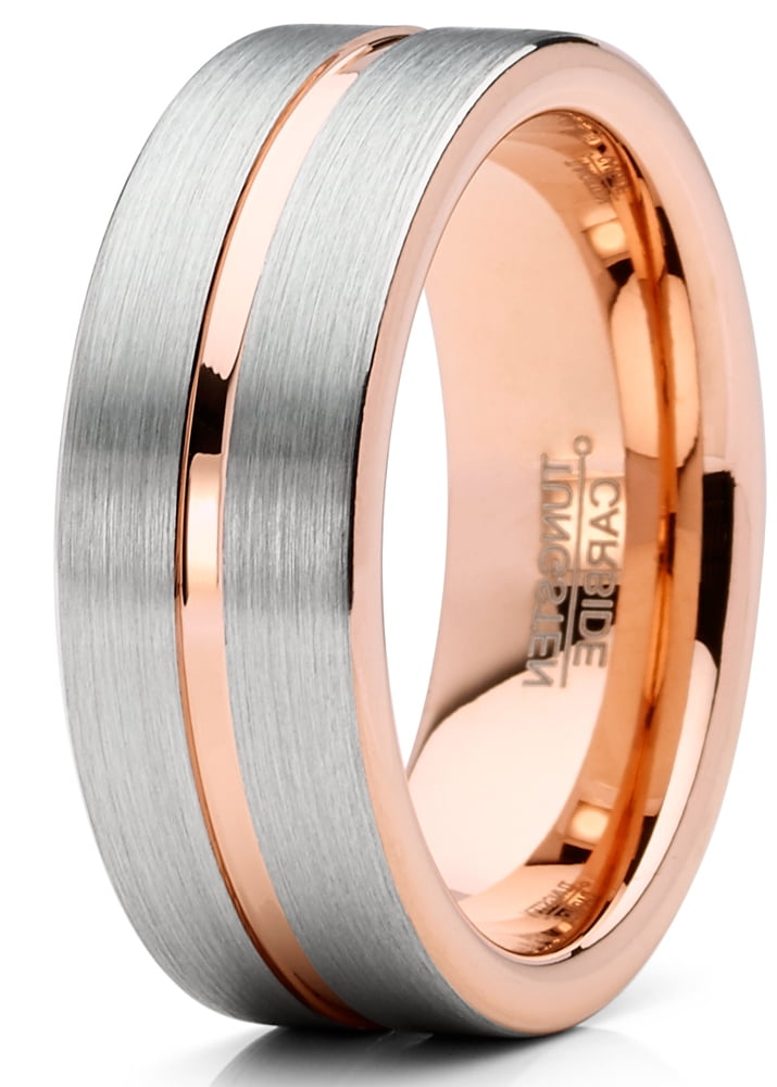 Mens Tungsten Ring Rose Goldtone Wedding Band Grooved Comfort-Fit 8Mm