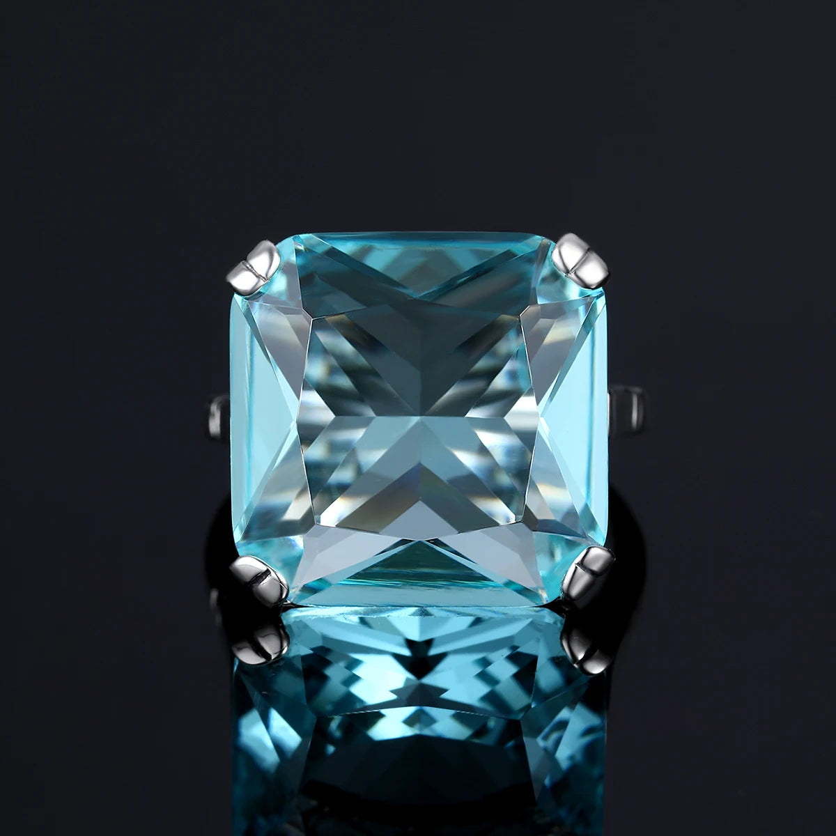 Original 925 Sterling Silver Aquamarine Gemstone Ring for Women Vintage Sparkling Birthstone Square Big Stone Jewelry Handmade