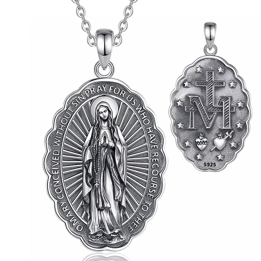 925 Sterling Silver Virgin Mary Cross Amulet Pendant