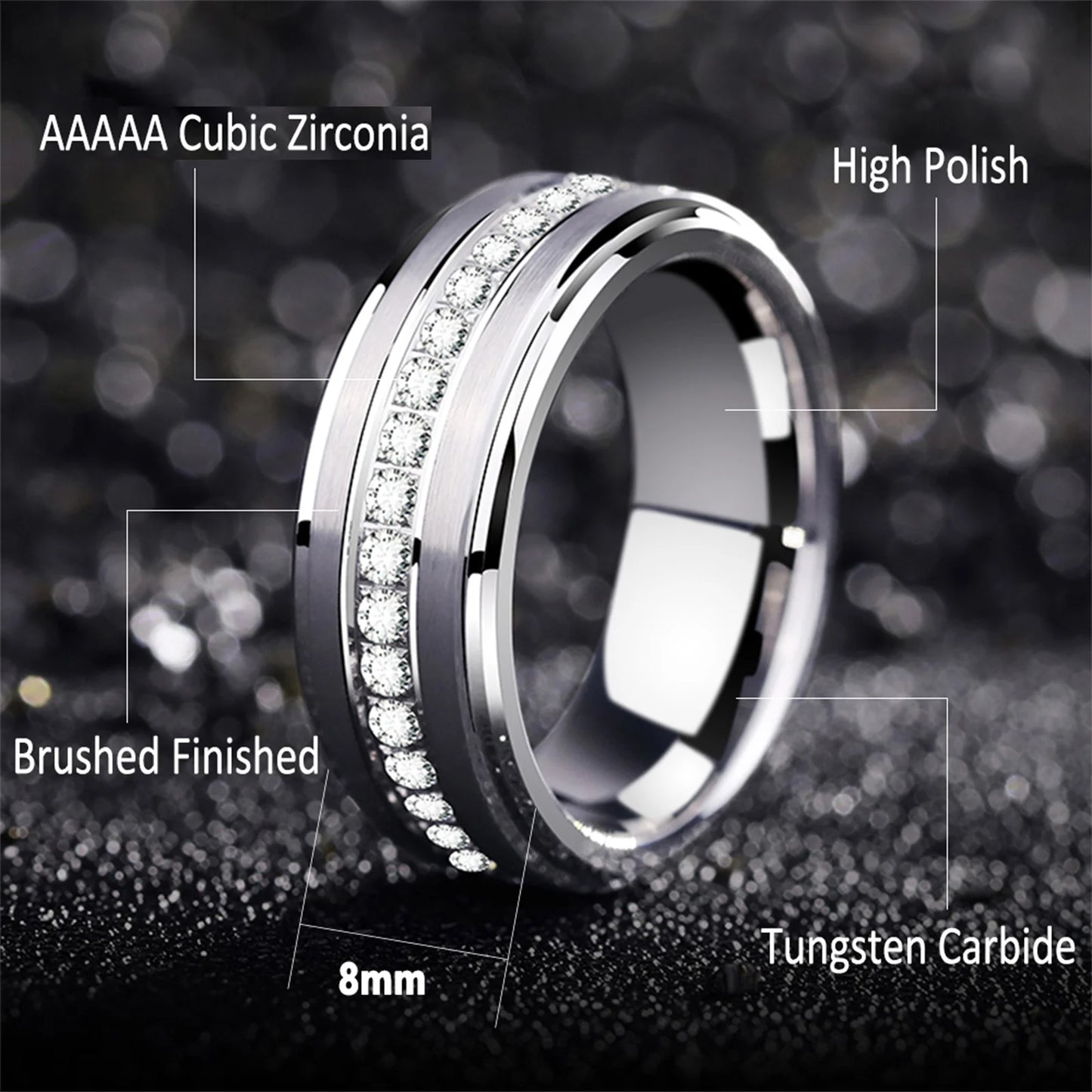 Men'S Wedding Band Brushed Finished Tungsten Carbide Promise Rings for Men Charm Half Eternity round Zircon Jewelry