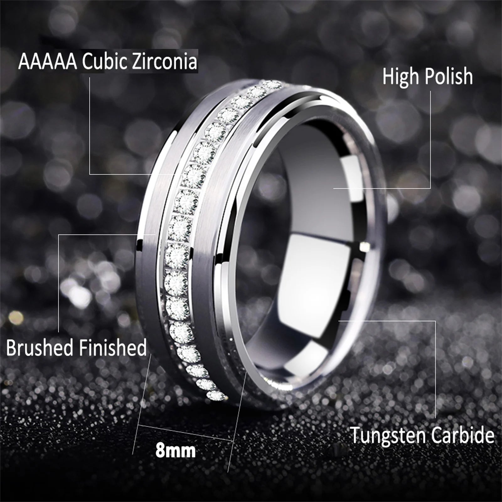 Men'S Wedding Band Brushed Finished Tungsten Carbide Promise Rings for Men Charm Half Eternity round Zircon Jewelry