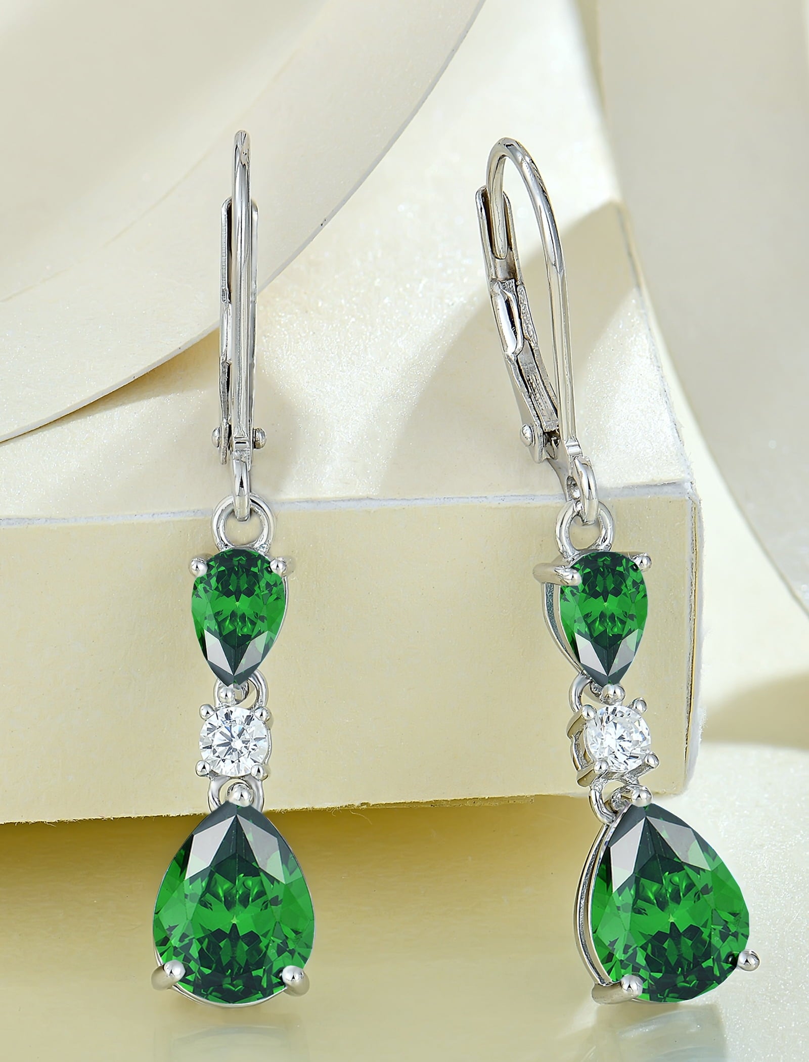925 Sterling Silver Teardrop Earrings with 7X9Mm Created Emerald Birthstones, Dangle Earrings with Leverback for Women Jewelry Gifts