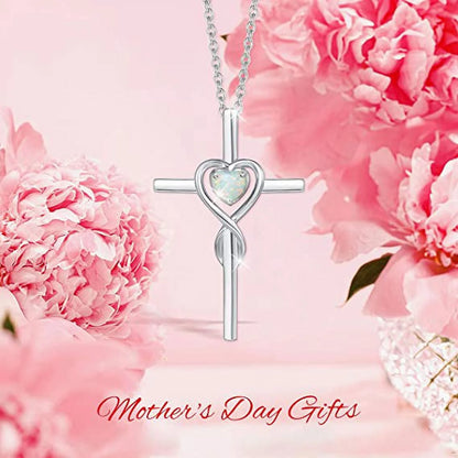 Cross Necklace for Women Sterling Silver Birthstone Created Opal Necklace Infinity Heart Cross Crucifix Pendant October Birthstone Jewelry Valentines Day Gifts Birthday Gifts for Women