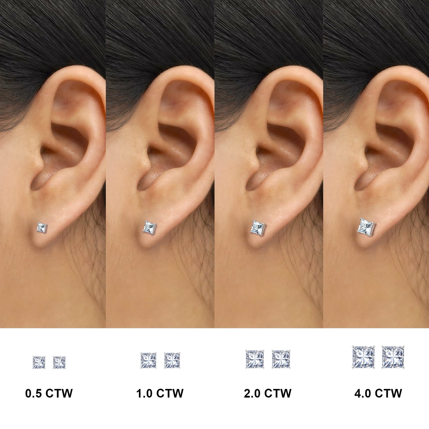 2 Carat Princess Cut Moissanite 4 Prong Solitaire Stud Earrings in 18K White Gold Plating for Women