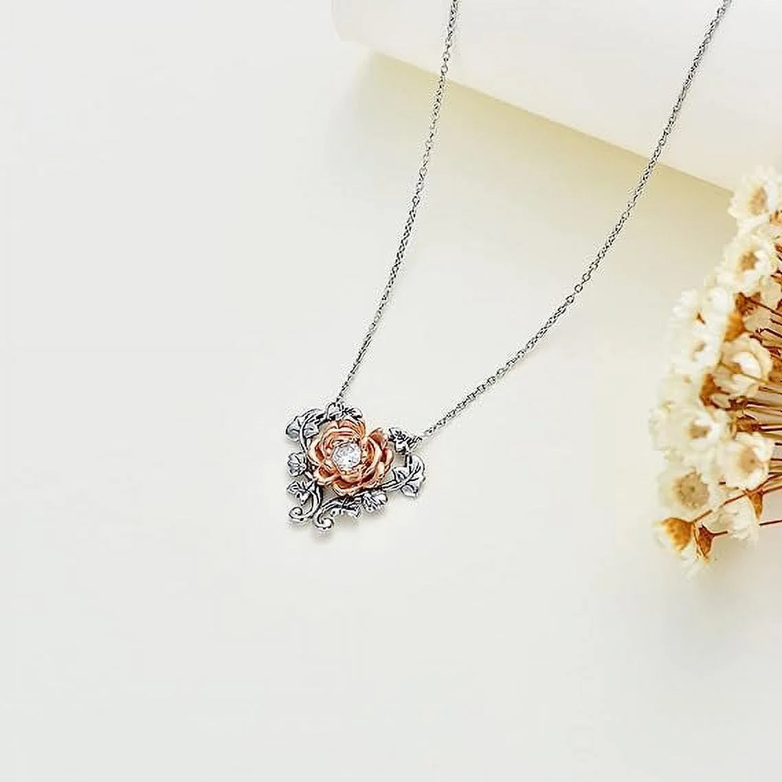 925 Sterling Silver Rose Necklace for Women Rose Flower Heart Pendant Necklace Fine Jewelry for Women