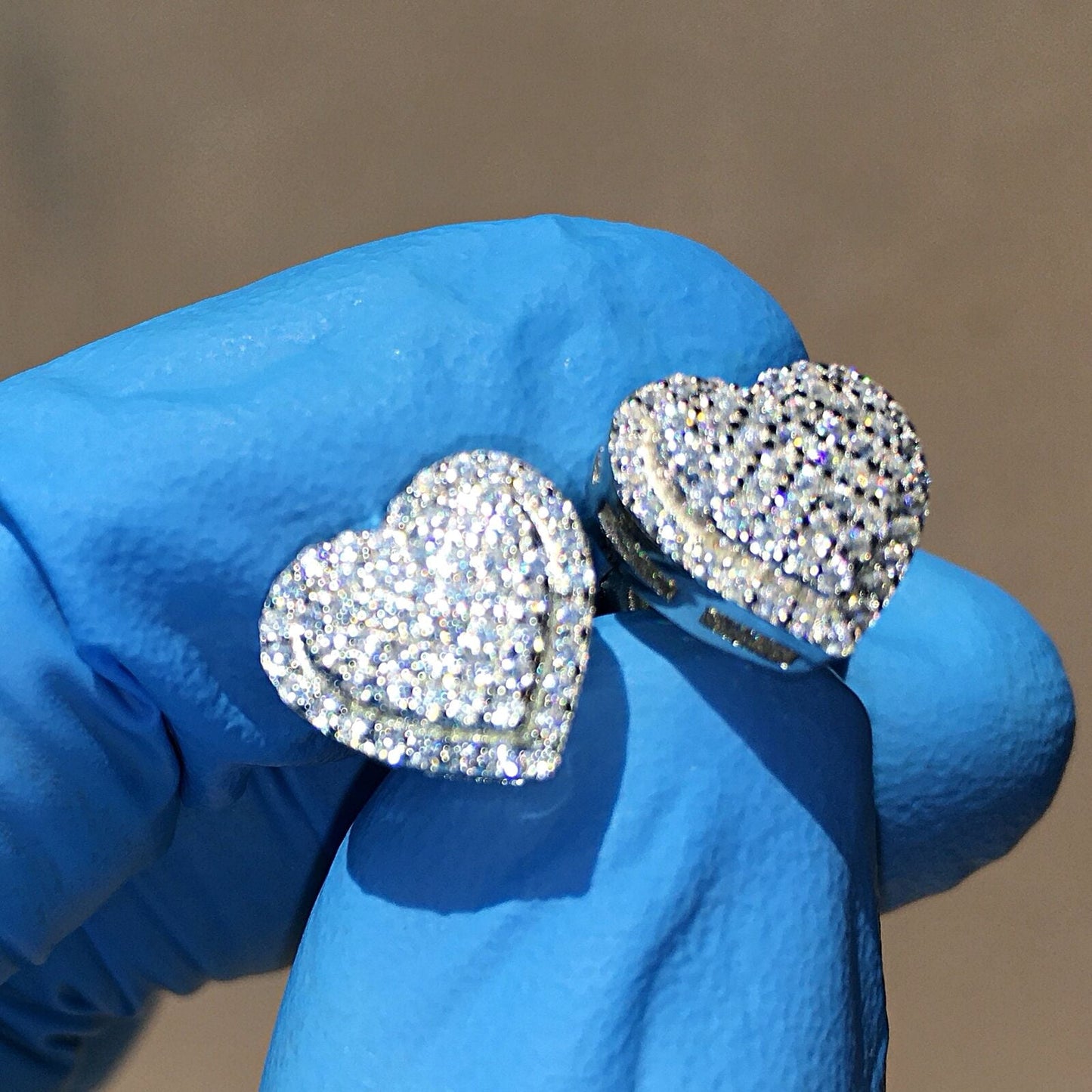 Real Solid Sterling Silver Hearts Iced Women'S Earrings Heart Shaped CZ Screw Back 925 Stamp Micro Pave