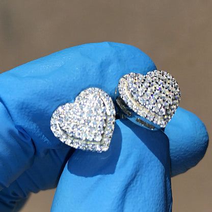 Real Solid Sterling Silver Hearts Iced Women'S Earrings Heart Shaped CZ Screw Back 925 Stamp Micro Pave