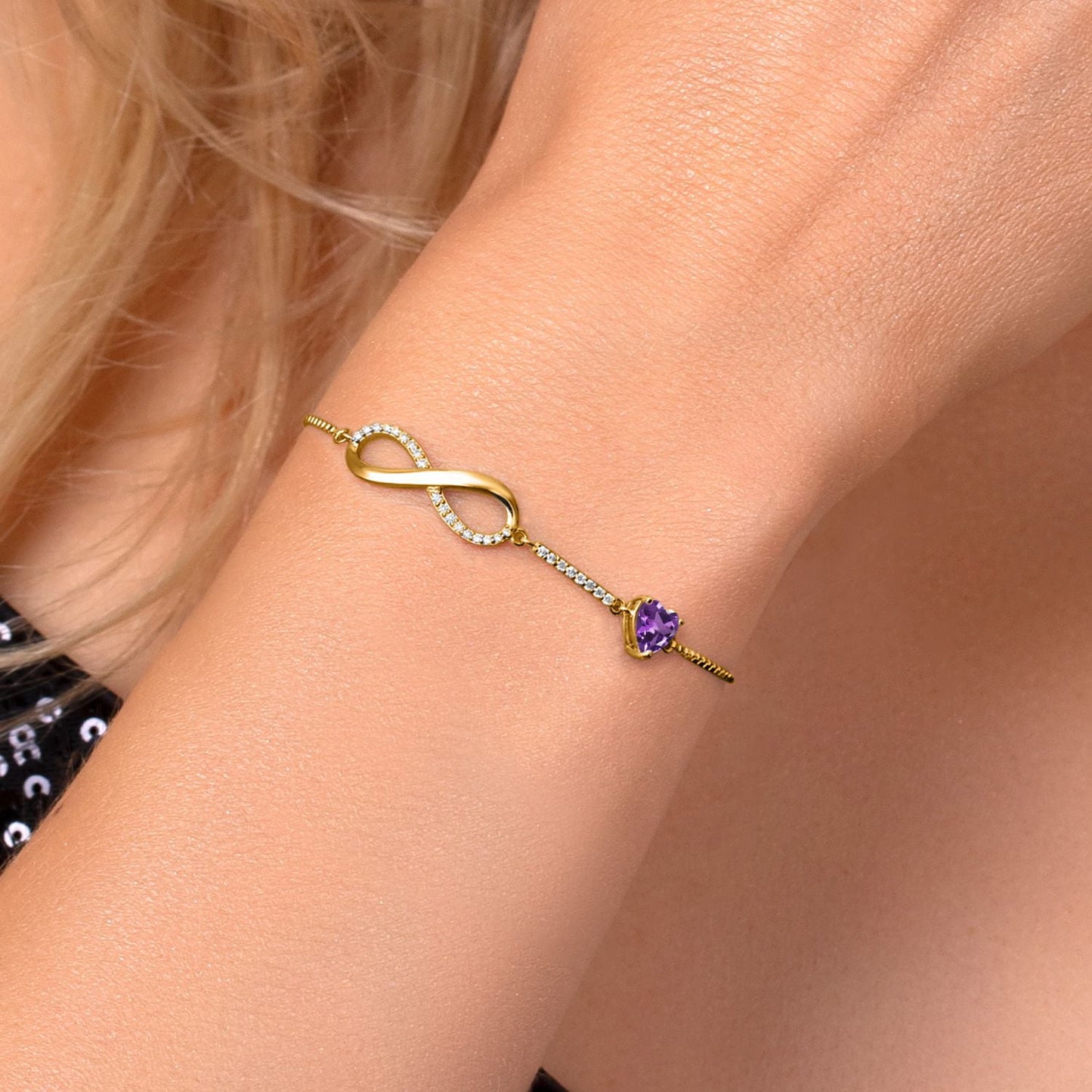 18K Yellow Gold Plated Silver Infinity Bracelet for Women with Heart Amethyst and Moissanite (0.93 Cttw, Box Chain Fully Adjustable up to 9 Inch)