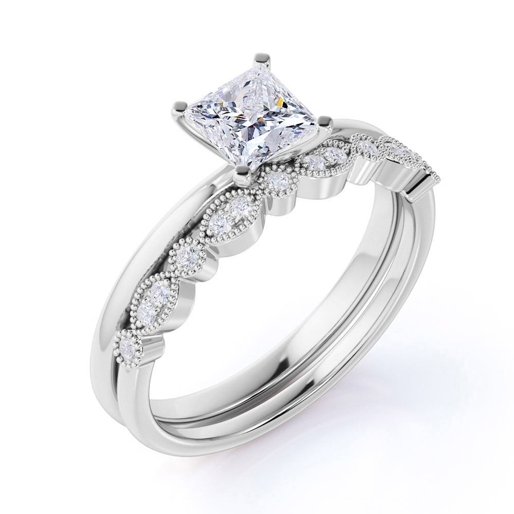 1.5 Carat Art Deco Princess Cut Moissanite Wedding Ring Set in 18K White Gold over Silver