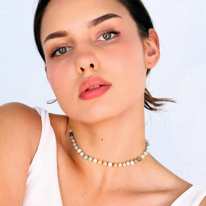 Real Amazonite Natural Gemstone Beaded Choker Necklace Semi Precious Stone Choker for Women Teen