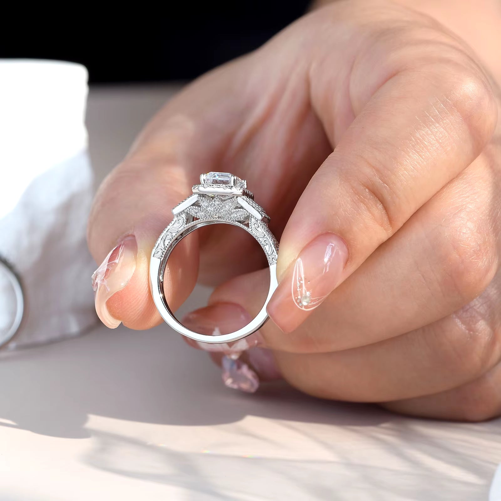 2Pcs Wedding Rings for Women 925 Sterling Silver Halo AAAAA Cubic Zircon Emerald Cut Engagement Ring Bridal Set