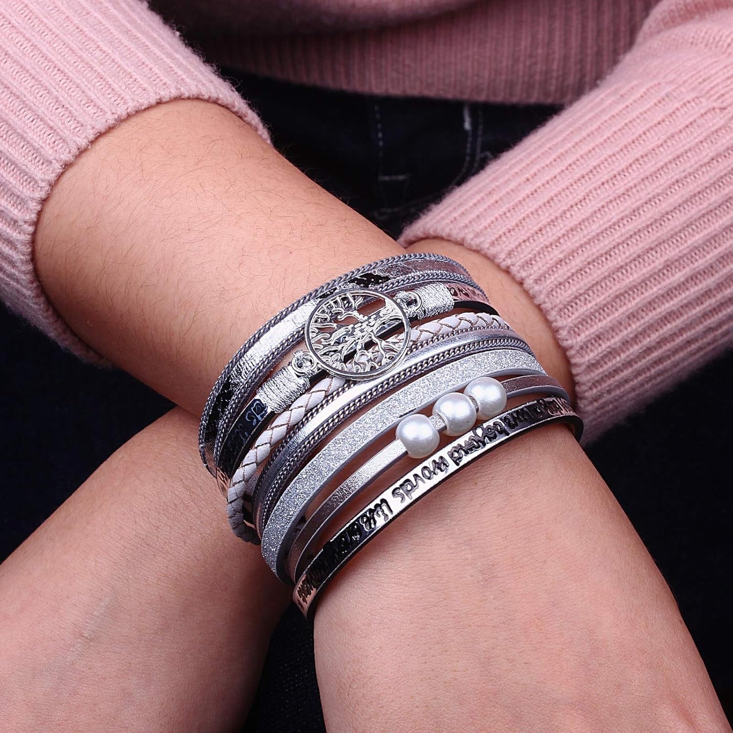 Tree of Life Leather Wrap Bracelet Inspirational Cuff Bangles Boho Pearl Bracelets with Magnetic Clasp Unique Jewelry Gifts for Women