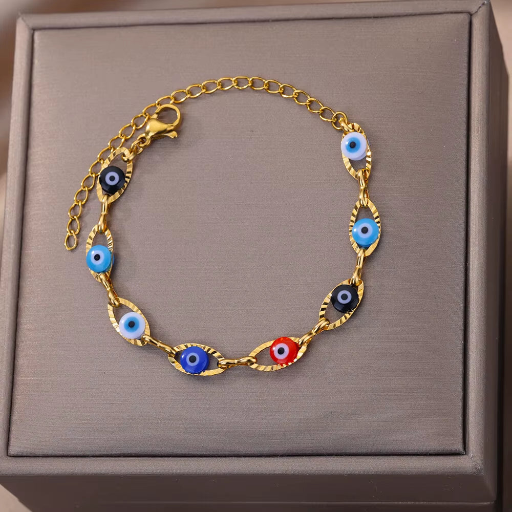 Gothic Rainbow Evil Eye Bracelets for Women Stainless Steel Gold Color Turkish Demon Chain Charm Bracelet Summer Beach Jewelry