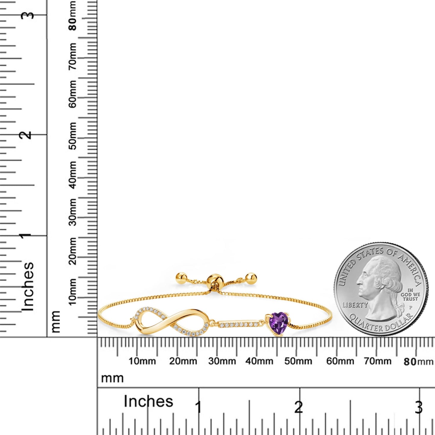 18K Yellow Gold Plated Silver Infinity Bracelet for Women with Heart Amethyst and Moissanite (0.93 Cttw, Box Chain Fully Adjustable up to 9 Inch)