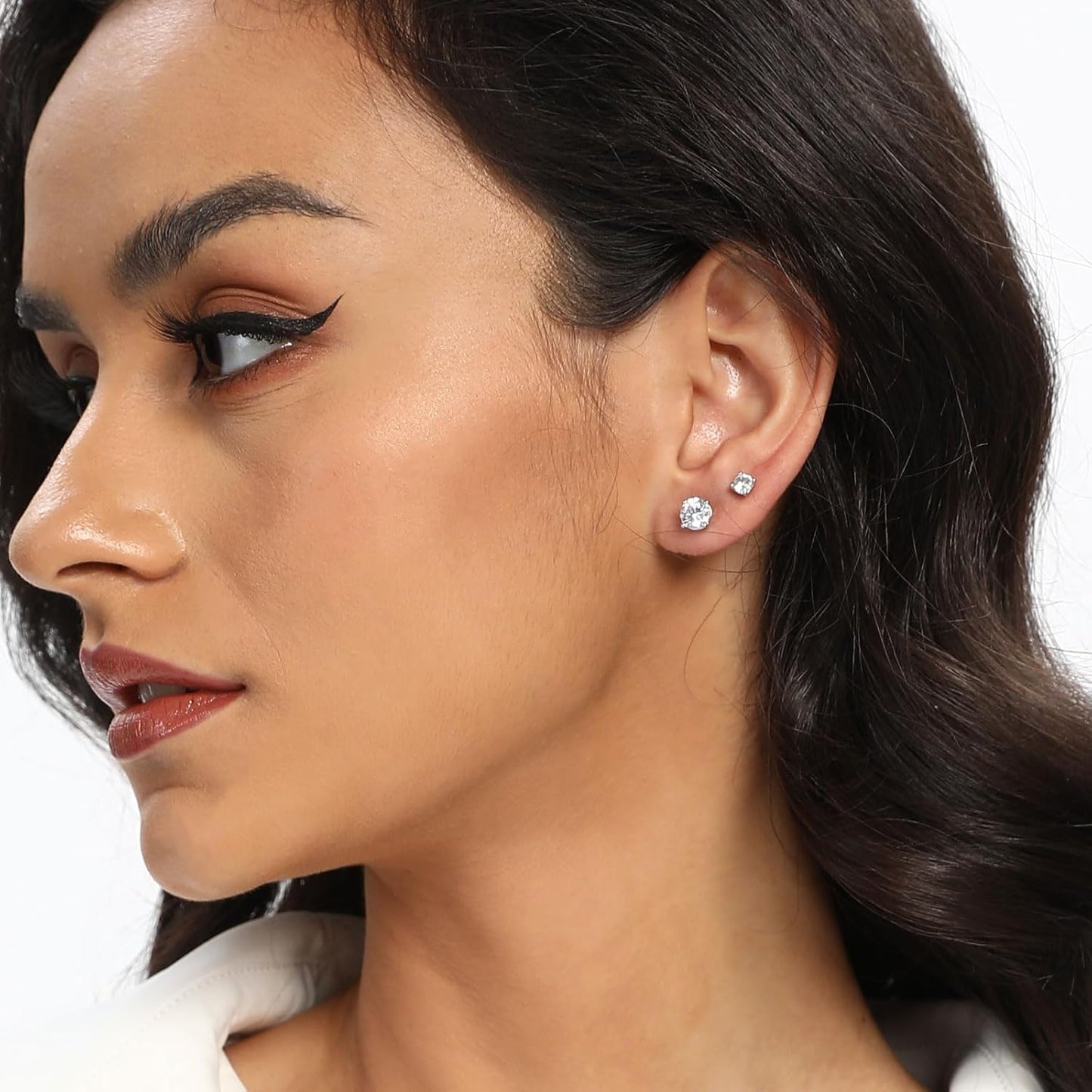 18K White/Yellow Gold Plated Stud Earrings for Women Men 4 Prong Graduated round Clear Cubic Zirconia Hypoallergenic Earrings Set 3-8Mm
