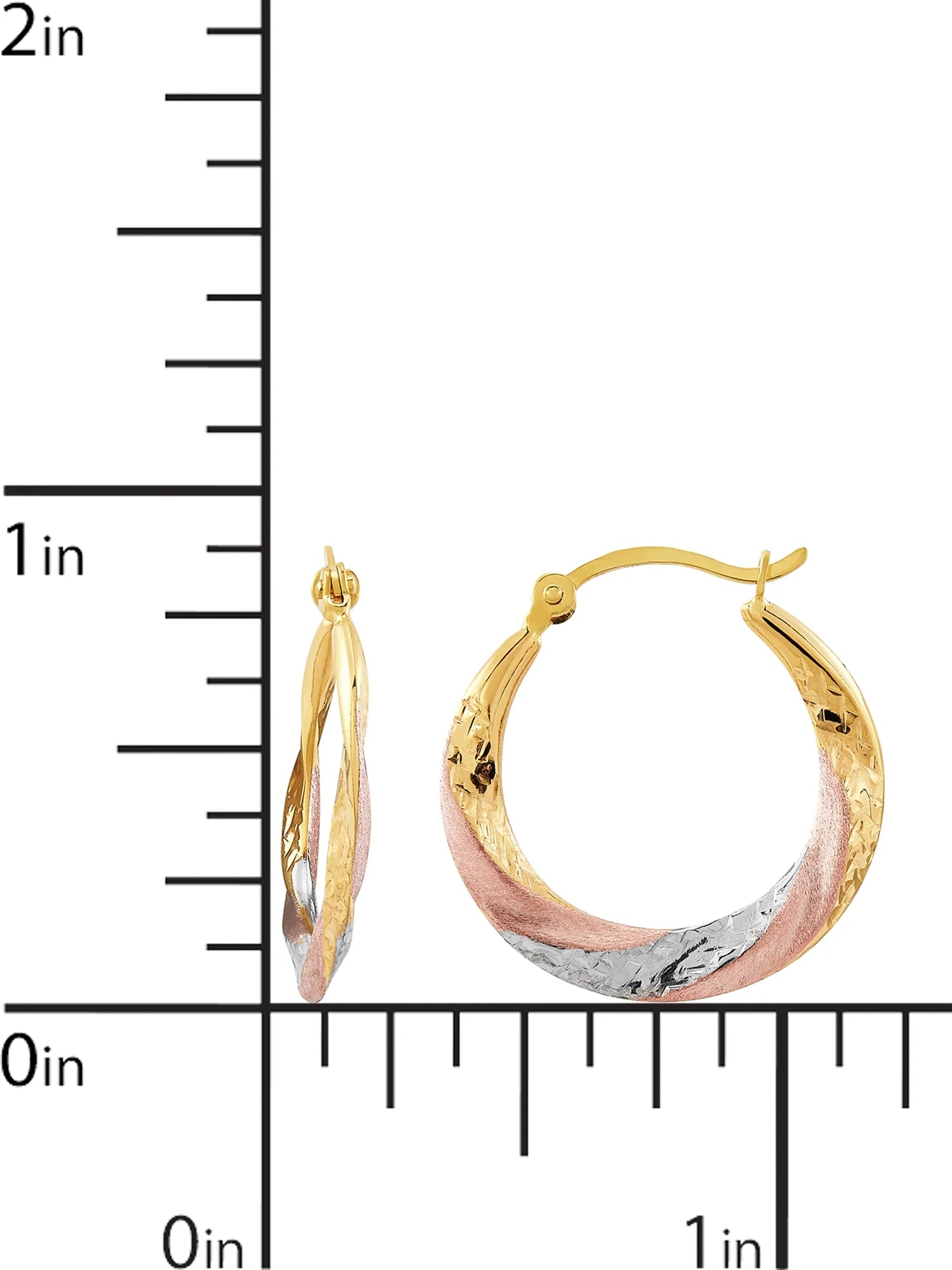 10K Rose Gold with Yellow and White Rhodium Plate round Swirl Hoop Earrings