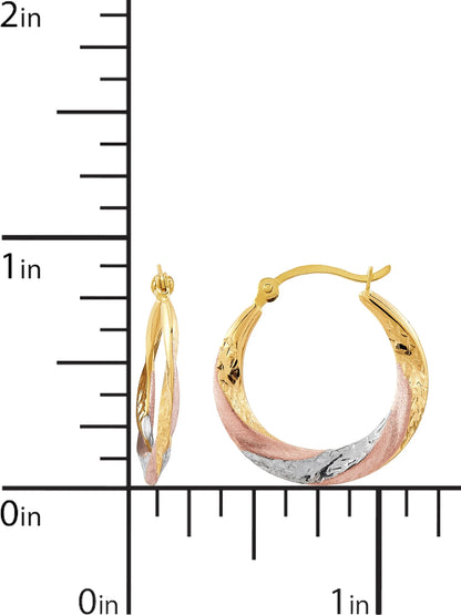 10K Rose Gold with Yellow and White Rhodium Plate round Swirl Hoop Earrings