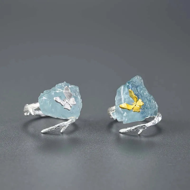 Adjustable Aquamarine Big Gemstones Butterfly Rings for Women Original 925 Sterling Silver Dating Luxury Fine Jewelry