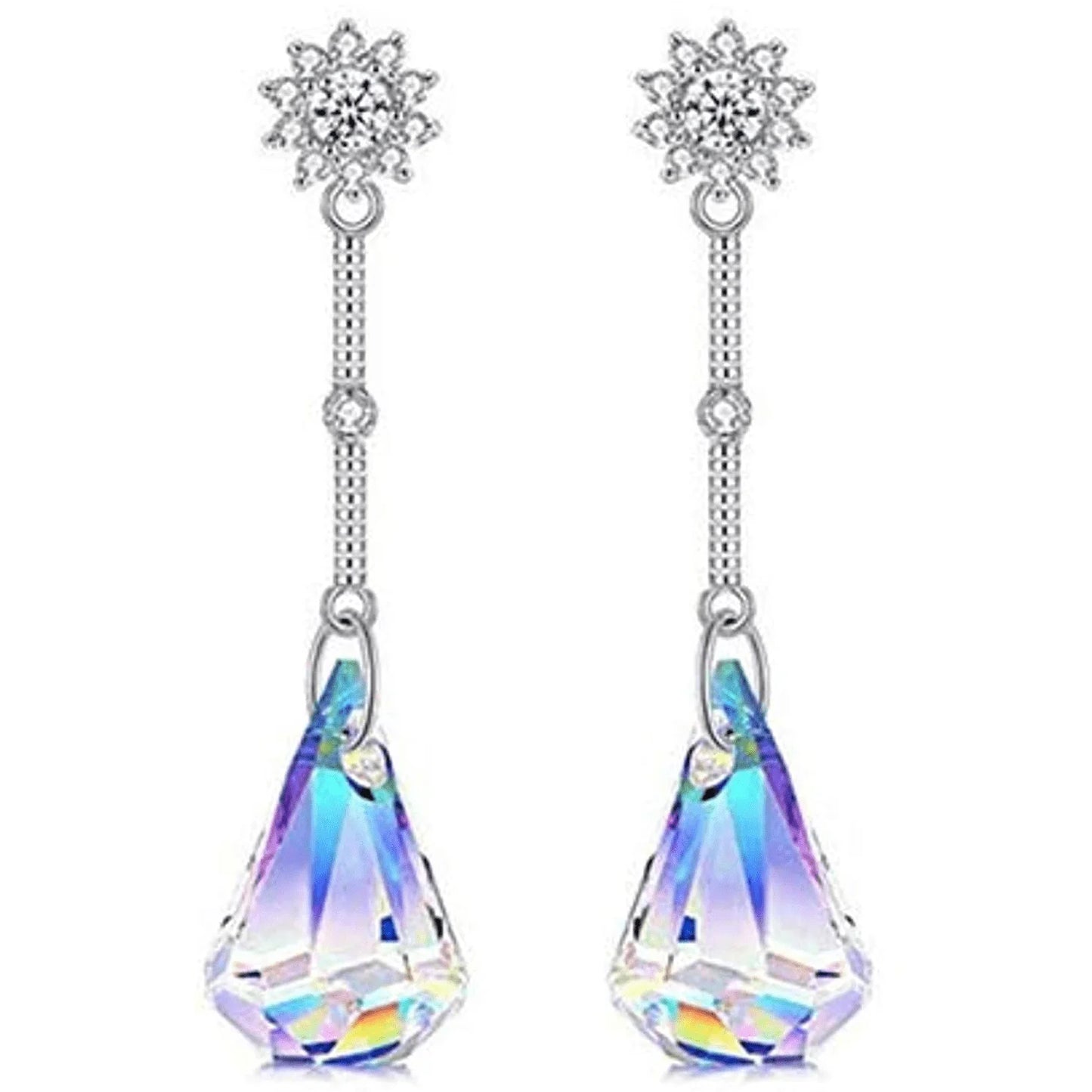 14K White Gold Plated Aurora Borealis Austrian Rainbow Multicolor Crystal Tear Drop Cut Stud Dangle Earrings for Women & Men