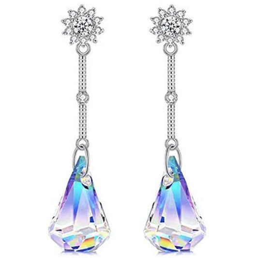 14K White Gold Plated Aurora Borealis Austrian Rainbow Multicolor Crystal Tear Drop Cut Stud Dangle Earrings for Women & Men