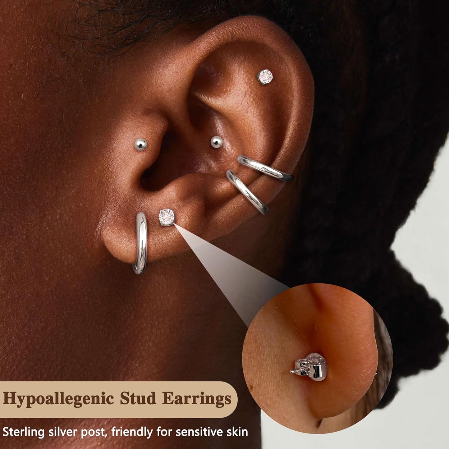 6 Pairs Sterling Silver Stud Earrings for Women, Cubic Zirconia Stud Earrings, Tiny Ball Stud Hypoallergenic Earrings, Small Tragus Cartilage Earrings Set for Men 2Mm,3Mm,4Mm