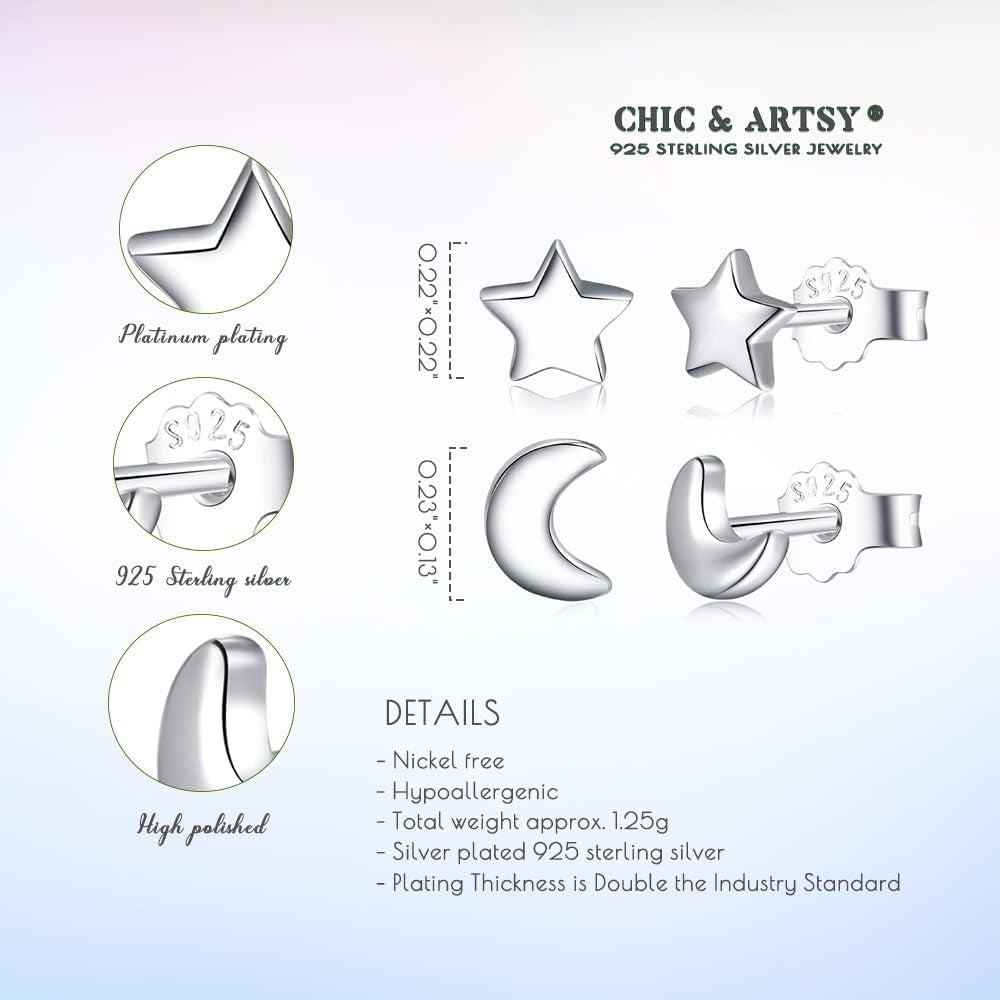 Solid Real 925 Sterling Silver Satr Moon Stud Earrings | Dainty Celestial Stud Earrings | Tiny Cartilage Earrings for Women