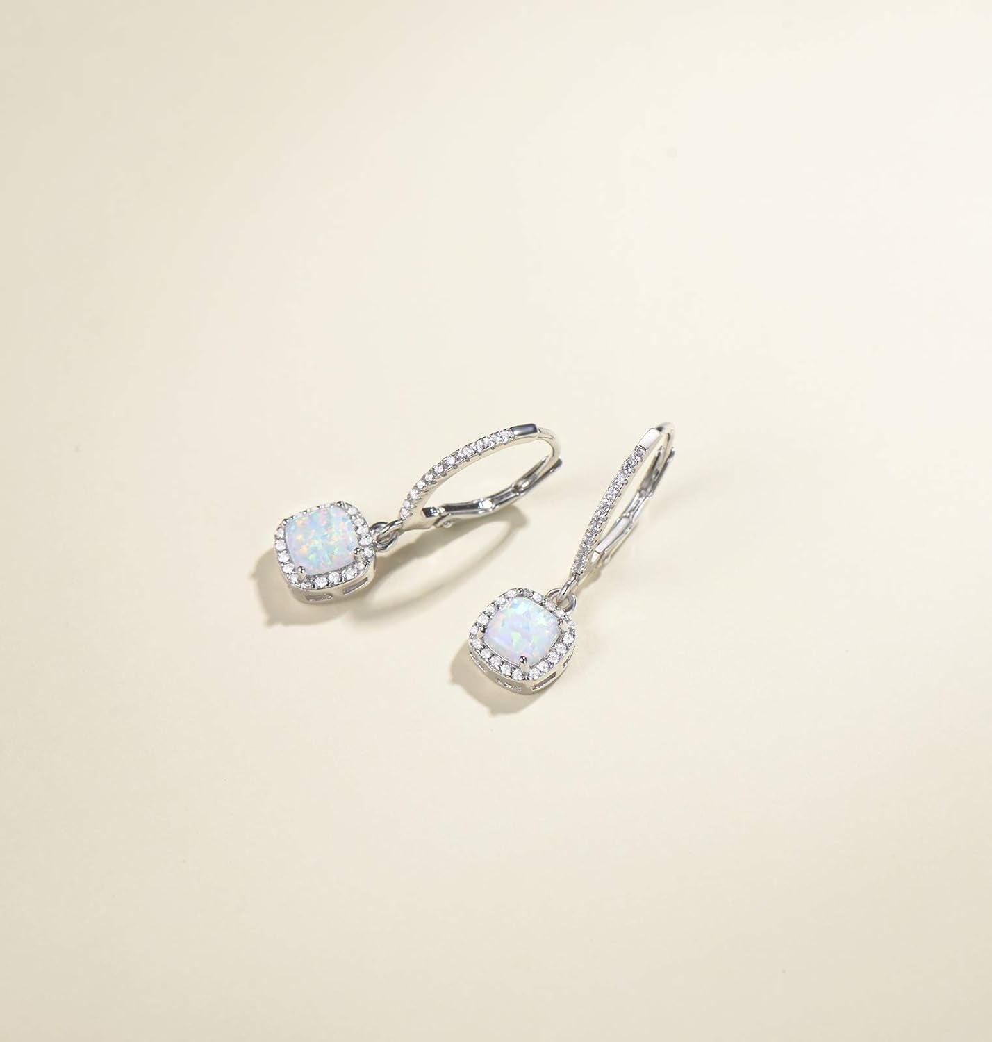 Lever Back Earrings Created Opal October Birthstone Earrings Sterling Silver White Fire Opal Halo Cubic Zirconia Square French Back Earrings Jewelry for Women